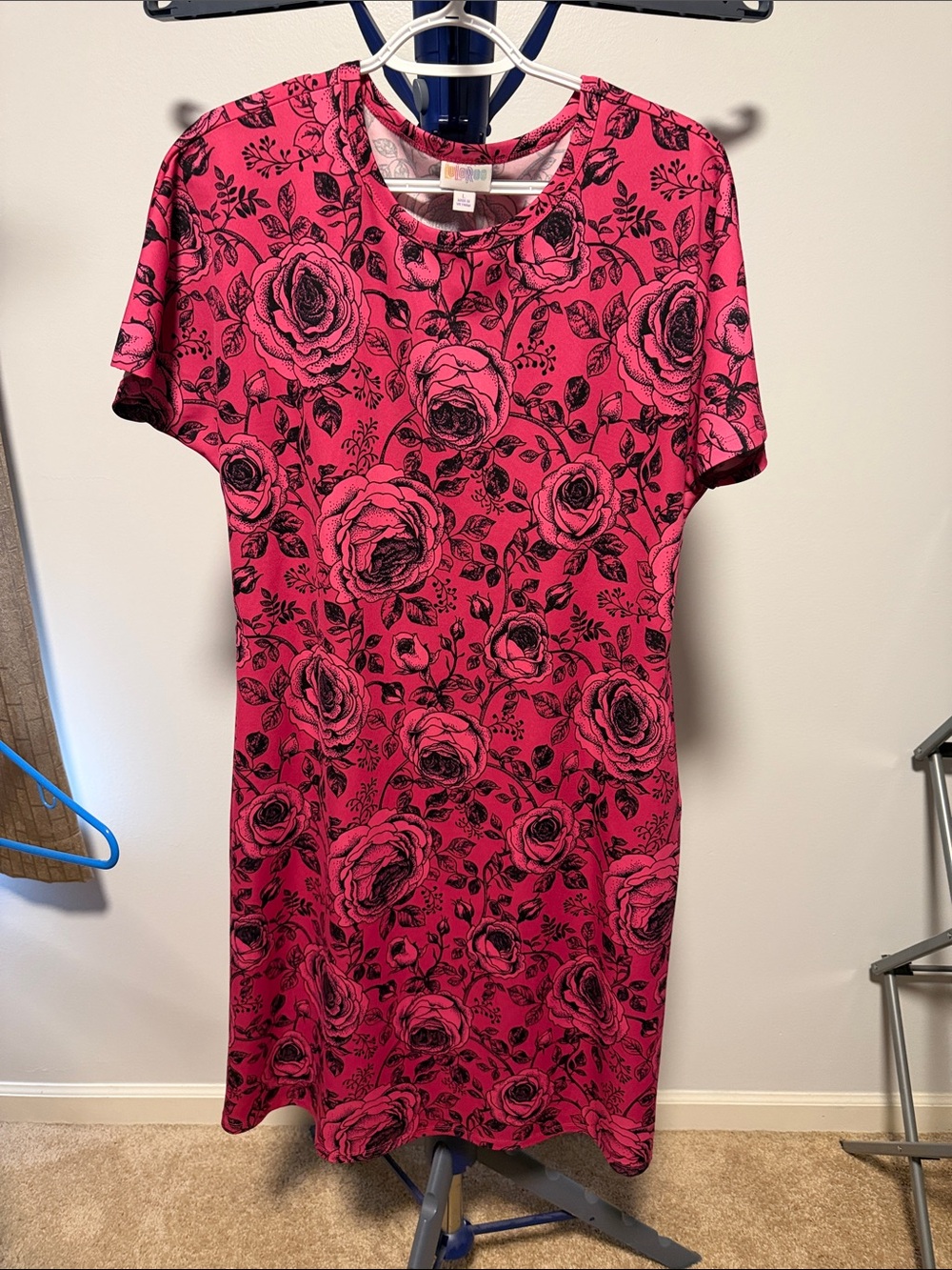 LuLaRoe Deep Pink Dress with Black Rose Print